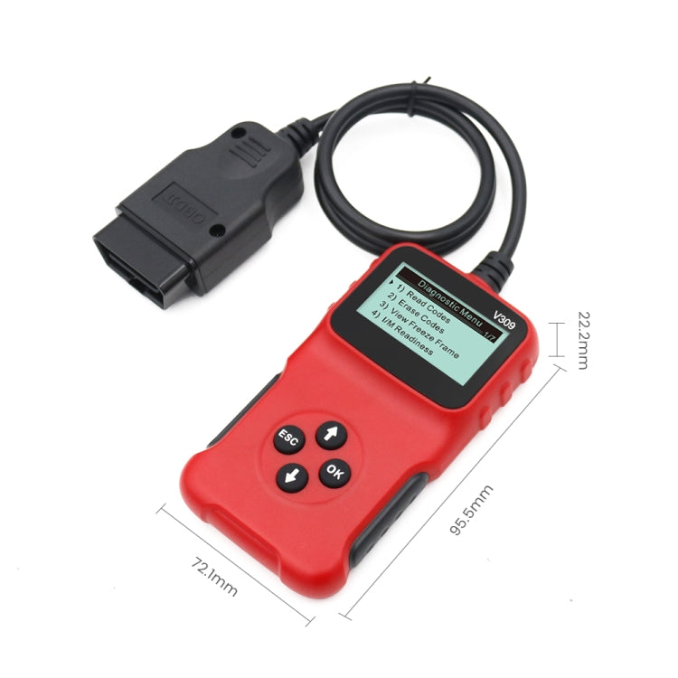 Red OBD2 code reader with LCD display, buttons, and black OBD connector cable