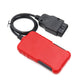 Red handheld OBD2 scanner with black cable and OBD plug