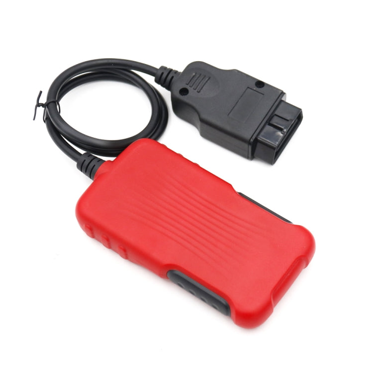 Red handheld OBD2 scanner with black cable and OBD plug