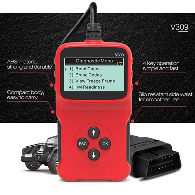 Red OBD2 diagnostic scanner with screen and control buttons connected to OBD port
