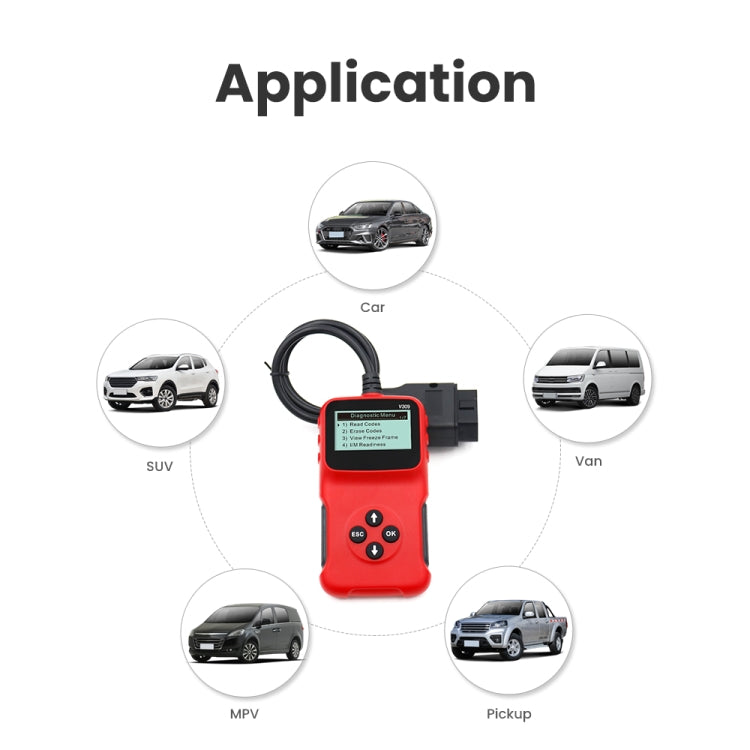 Red handheld OBD2 diagnostic scanner with LCD display and control buttons