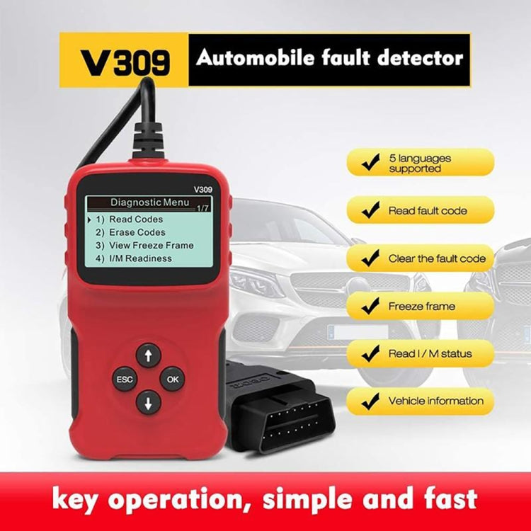 Red OBD2 automobile fault detector with LCD screen and connected OBD cable