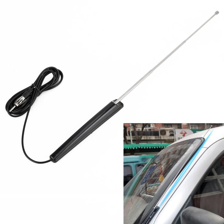 Telescopic FM car antenna with black base and cable, silver mast