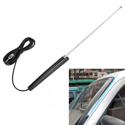 Telescopic FM car antenna with black base and cable, silver mast