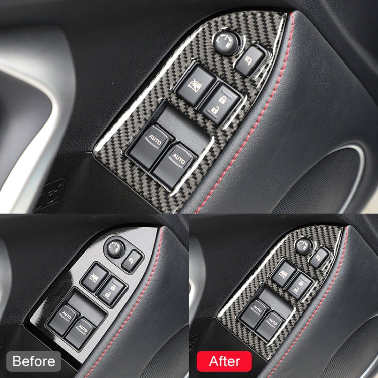 Carbon fiber window lifter panel sticker with red accent border on car door switches