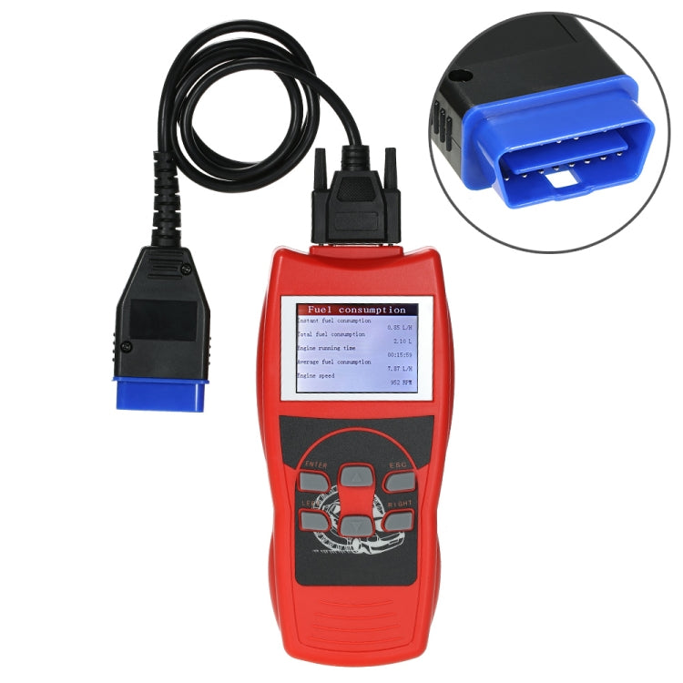 Red OBD2 car code reader with cable and blue OBD2 connector end