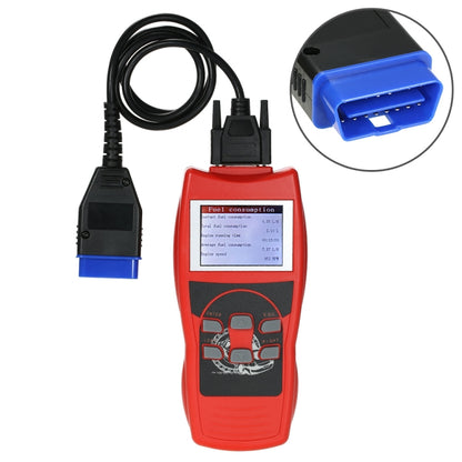 Red OBD2 car code reader with cable and blue OBD2 connector end