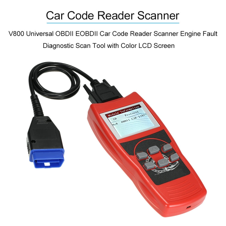 Red OBD2 scan tool with color LCD screen and attached OBD2 cable