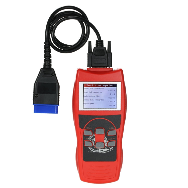 Red OBD2 diagnostic code reader with cable and handheld body
