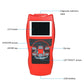 Red OBD2 code reader with LCD screen, arrow buttons, and USB interface