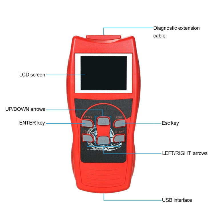 Red OBD2 code reader with LCD screen, arrow buttons, and USB interface