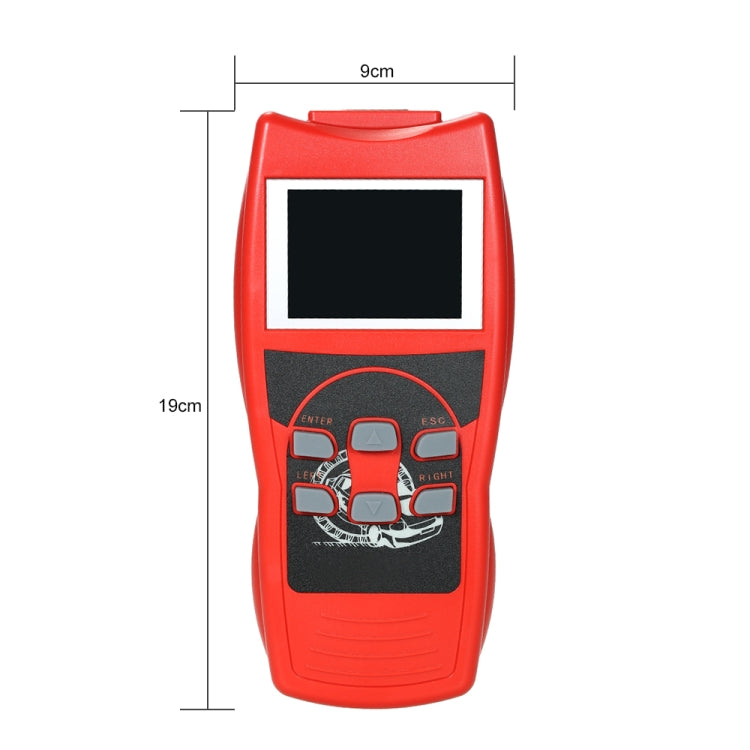 Red handheld OBD2 car code reader with LCD screen and control buttons