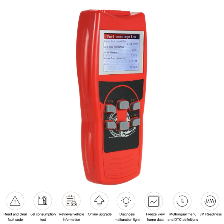 Red OBD2 scanner with display panel and control keypad on the front