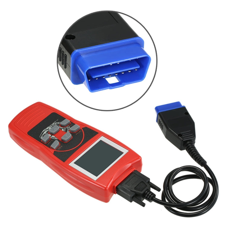 OBD2 connector plug with blue tip and red handheld code reader