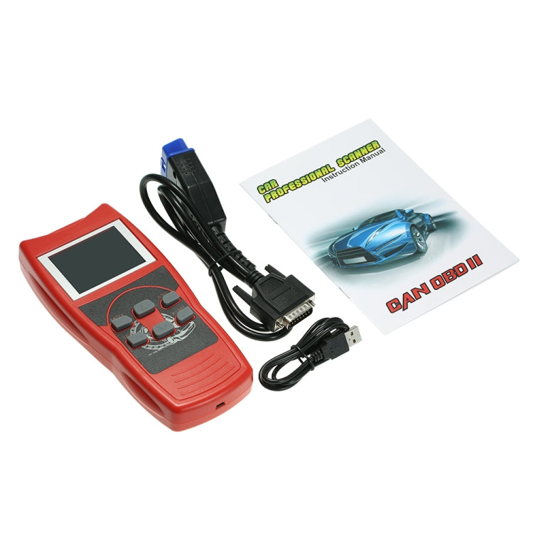 Red OBD2 code reader scanner with cables and included printed card