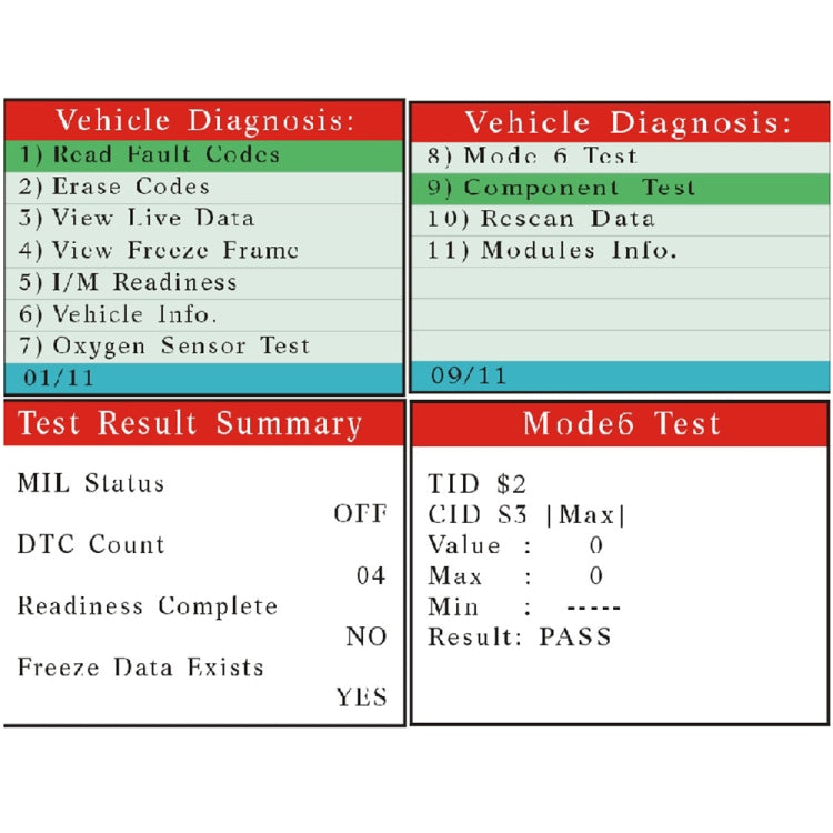 OBD2 code reader screen showing vehicle diagnosis and test results