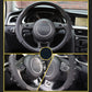 Black steering wheel spinner knob cover installed on steering wheel spokes