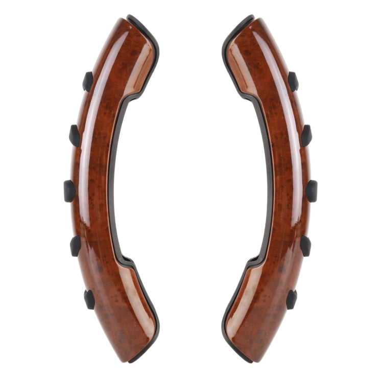 Brown wood-look steering wheel spinner knob covers, curved pair with clips