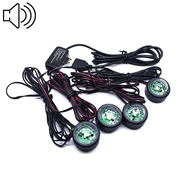 Car LED footwell light kit with four round LED pods, USB controller box, wiring