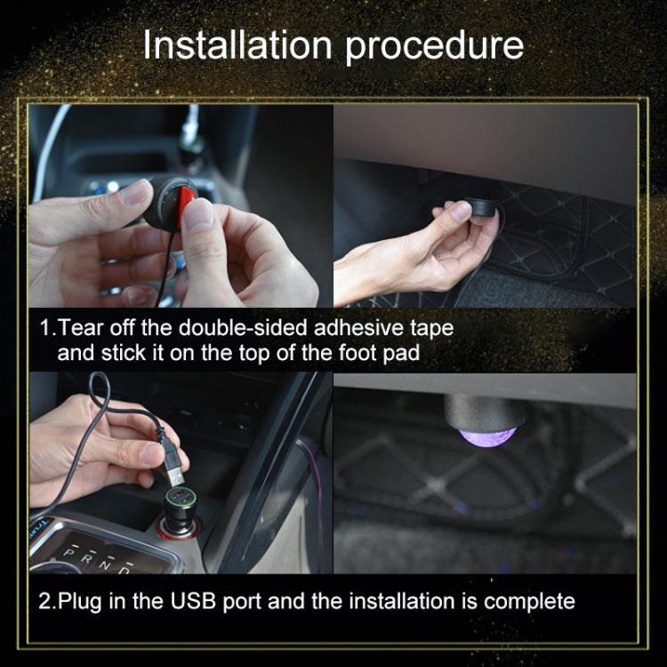 Installation instruction image showing hands attaching LED foot pads and USB plug