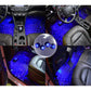 Car footwell illuminated with blue LED light glow under seats and center console