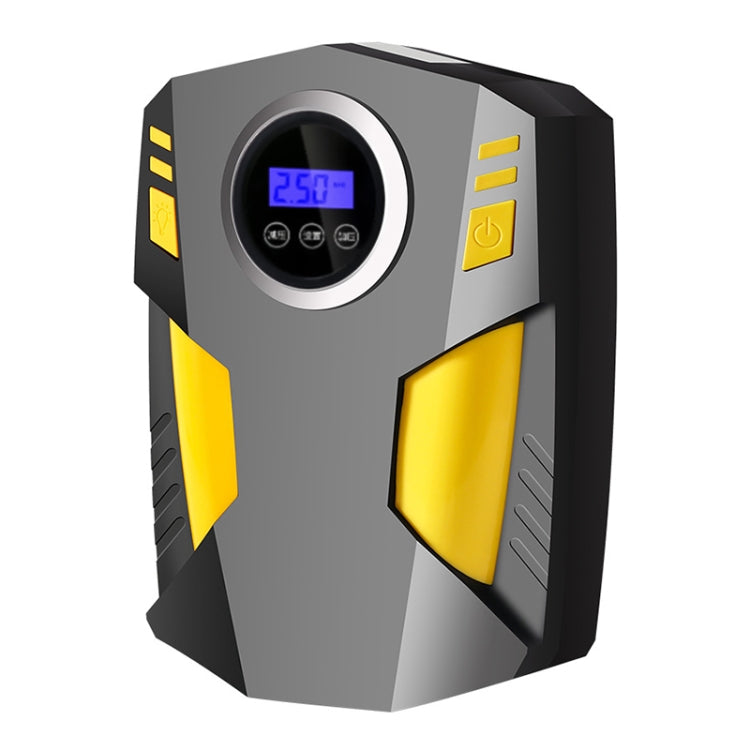12V portable car air pump with digital display, dark gray and yellow body