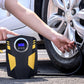 12V air pump connected to car tire valve with visible pressure screen