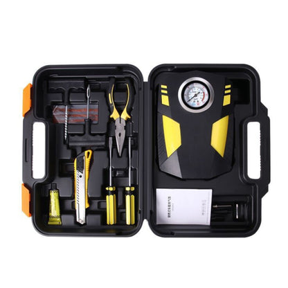 Portable 12V air pump with built-in pressure gauge and tool box, assorted tools inside