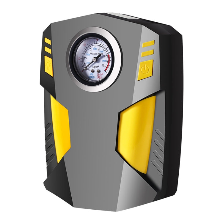 12V portable air pump with circular pressure gauge and yellow side accents