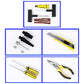 Air pump tool set with connector pieces, blades, and utility tools in compartments