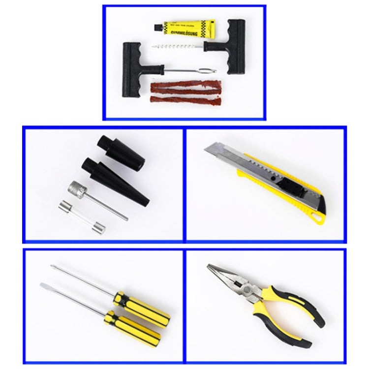 Air pump tool set with connector pieces, blades, and utility tools in compartments