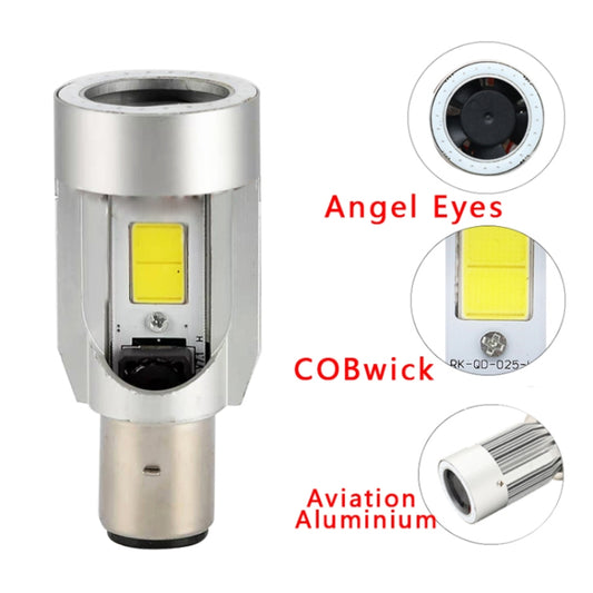 Motorcycle LED headlight bulb with yellow LED window and aluminum-style housing
