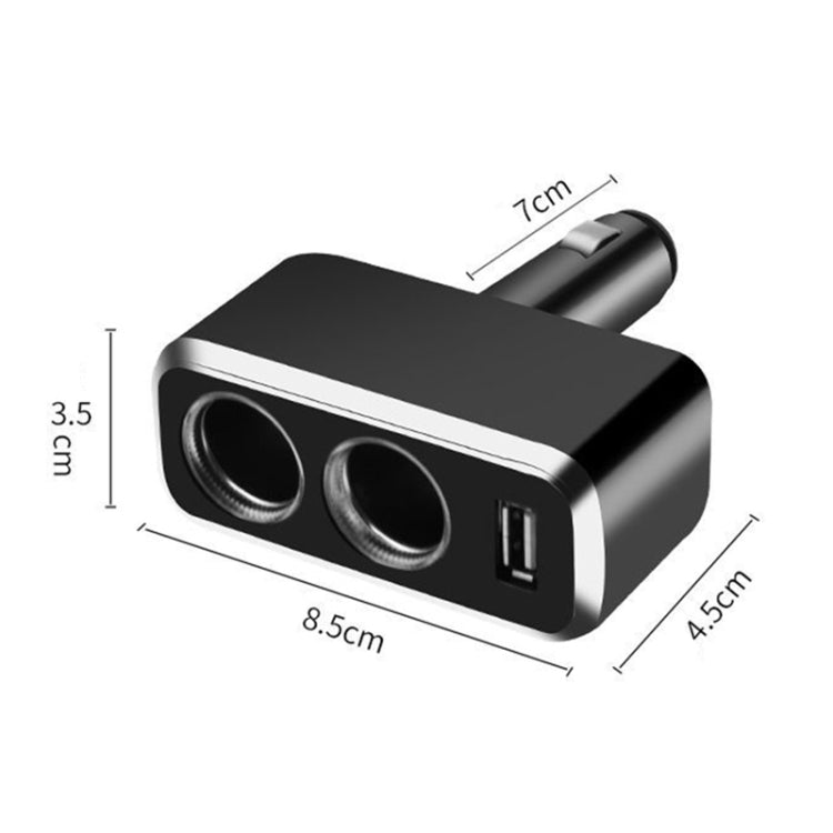 Black 2-in-1 car USB charger with dual cigarette outlets and USB-A port, angled design
