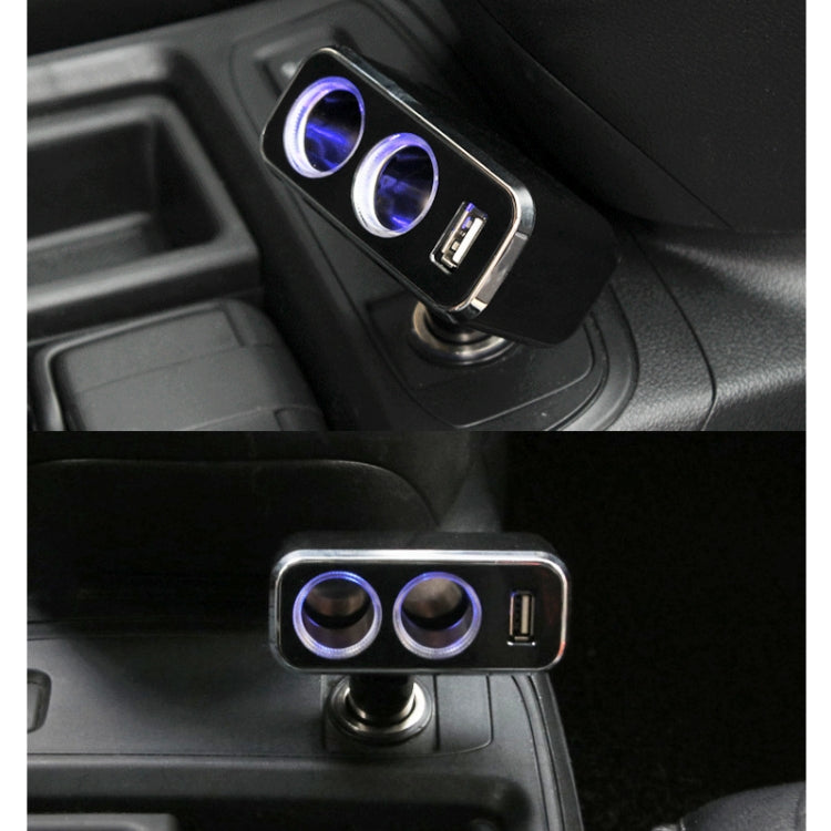 Black car cigarette lighter USB charger installed in dashboard with two ports and USB-A
