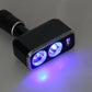 Black car USB charger with two circular ports and USB-A, blue indicator light on