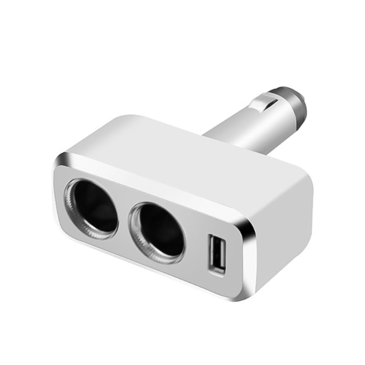 White 2-in-1 car cigarette lighter USB charger with two circular ports and one USB-A
