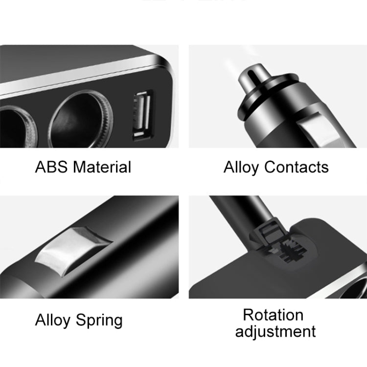 Car cigarette lighter USB charger detail view showing ABS body, alloy contacts, rotation