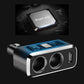 Black 2-in-1 car USB charger with dual circular ports and USB-A, smart chip window