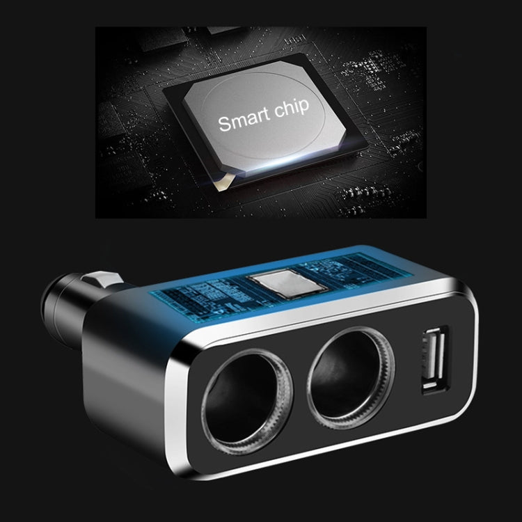 Black 2-in-1 car USB charger with dual circular ports and USB-A, smart chip window