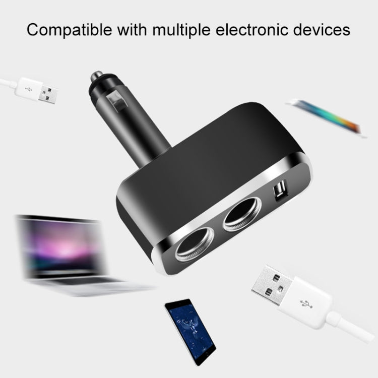 Black 2-in-1 car USB charger with dual cigarette ports and USB-A, compact angled body