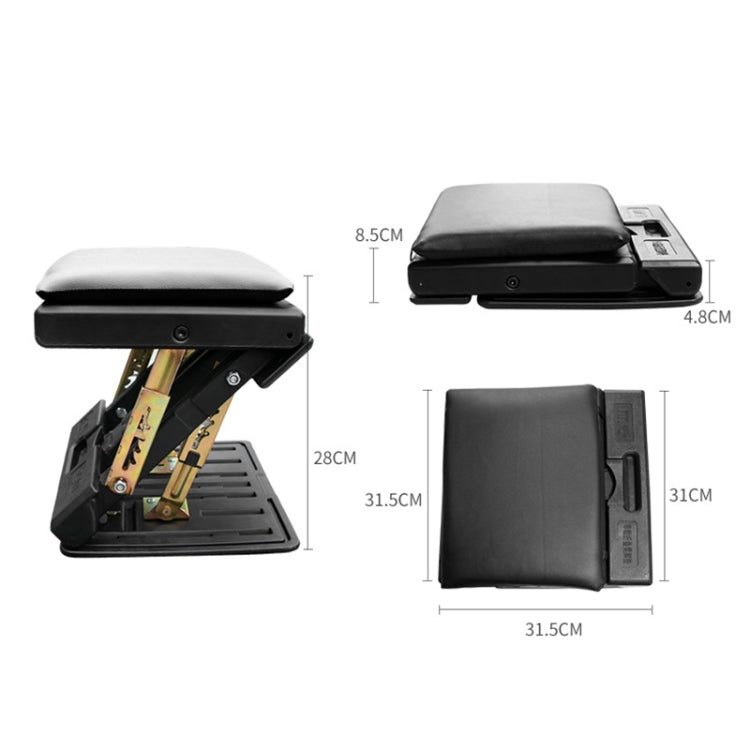 Adjustable car footrest ottoman shown folded and extended with padded top