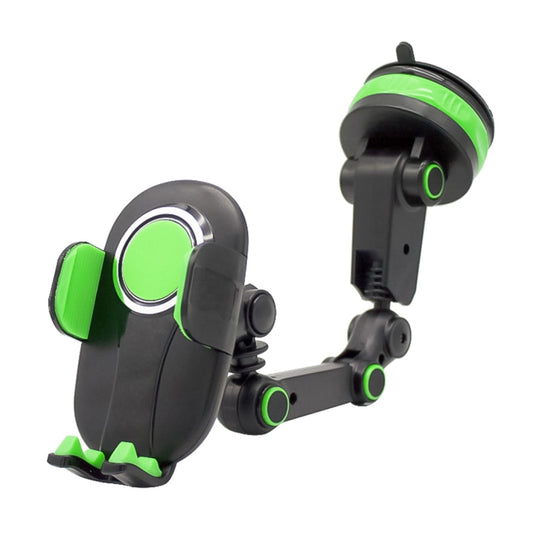 Rotating car phone holder with folding arms and suction base, black and green