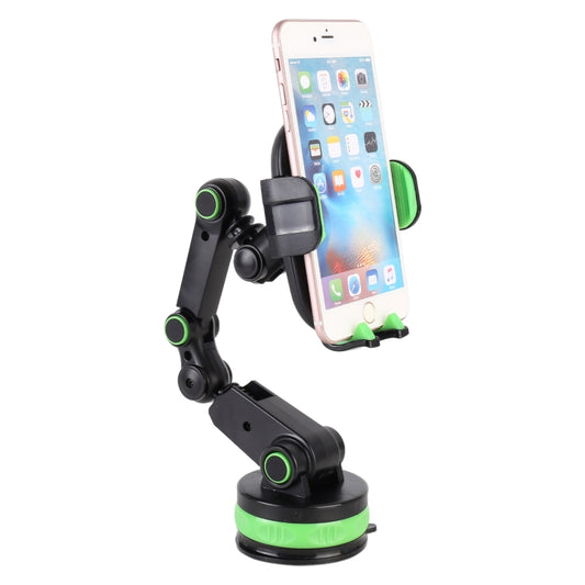 Car mobile phone holder with suction base, telescopic arms, black and green grips