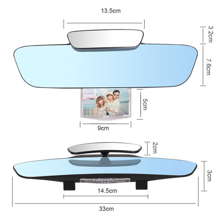 Blue-tinted rearview mirror with auxiliary display; size diagram on screen