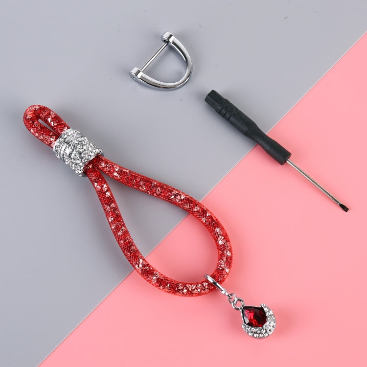 Red glitter car keychain with teardrop charm and silver ring connector