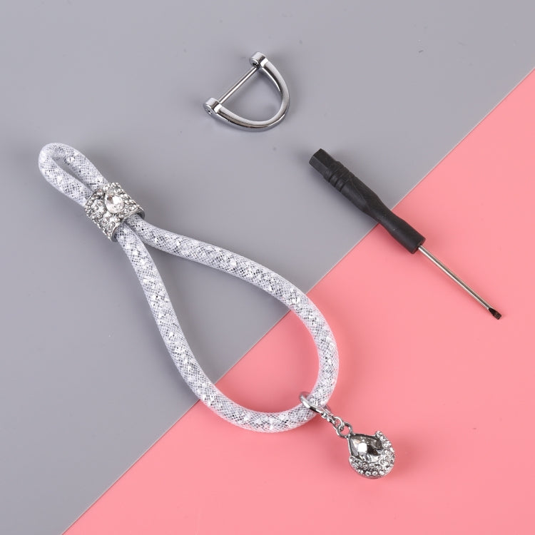 White glitter car keychain with teardrop charm and silver ring connector
