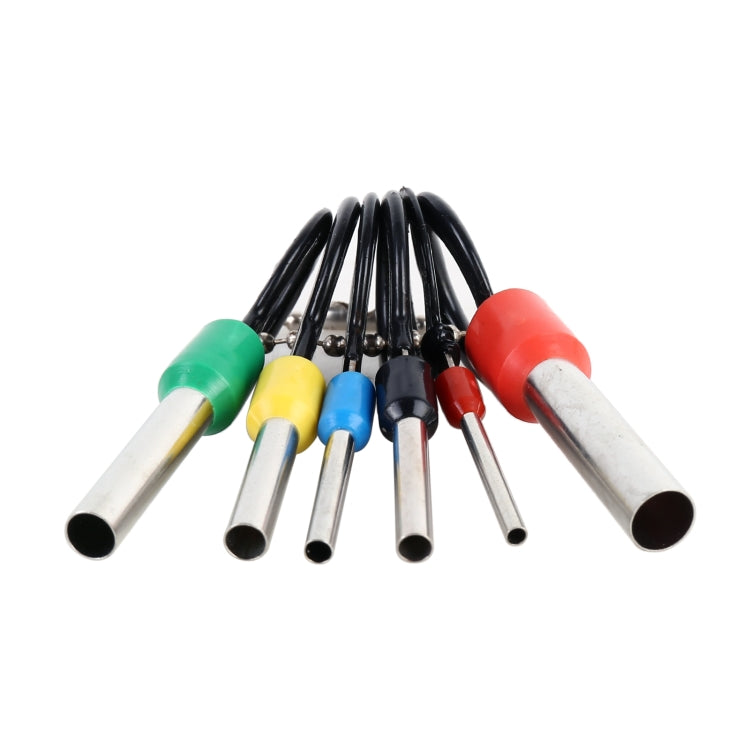 Six-piece terminal extraction pick tool with colored caps and metal prying ends