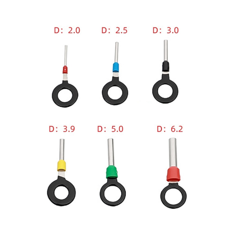 Six terminal extraction tools with round ring handles and colored-tube end tips