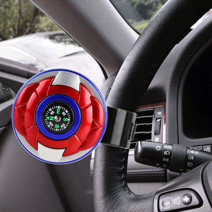 Red, blue, and black steering wheel spinner knob with compass dial and clamp