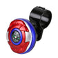Red and silver steering wheel spinner knob with blue ring and black mounting clamp